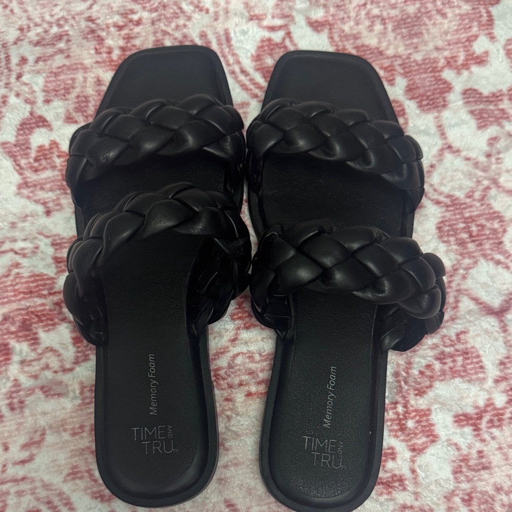 Time and Tru Black Braided Double-Strap Slide Sandals